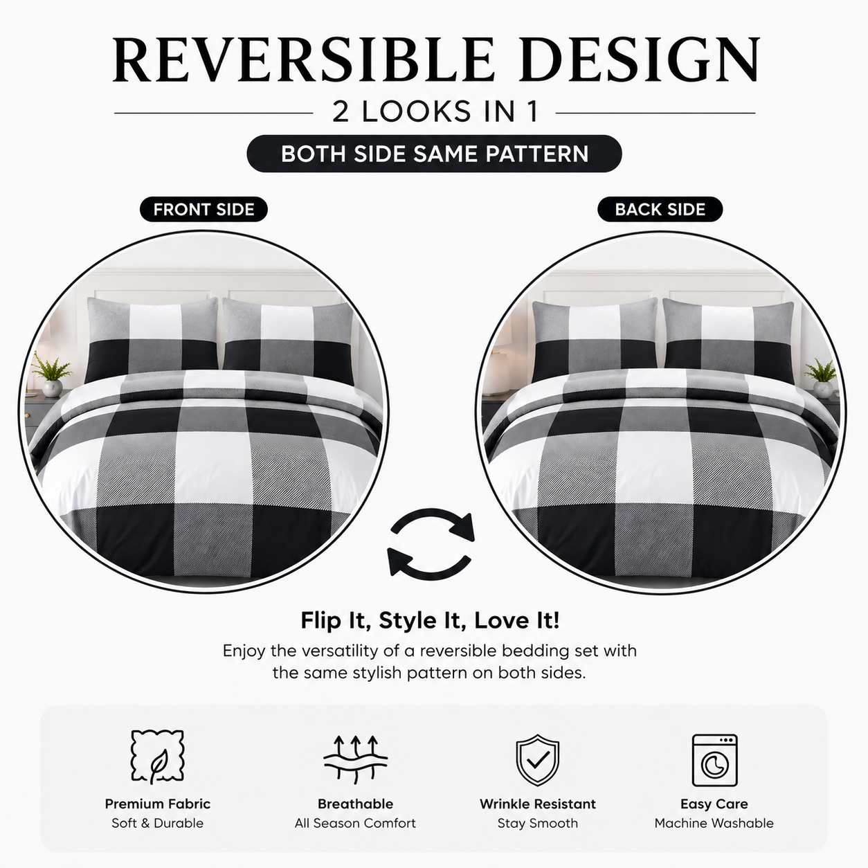 Larry Luxury Geometric Check Squares Reversible Duvet Cover Set – Modern Easy Care Bedding | Night Zone