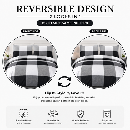 Larry Luxury Geometric Check Squares Reversible Duvet Cover Set – Modern Easy Care Bedding | Night Zone