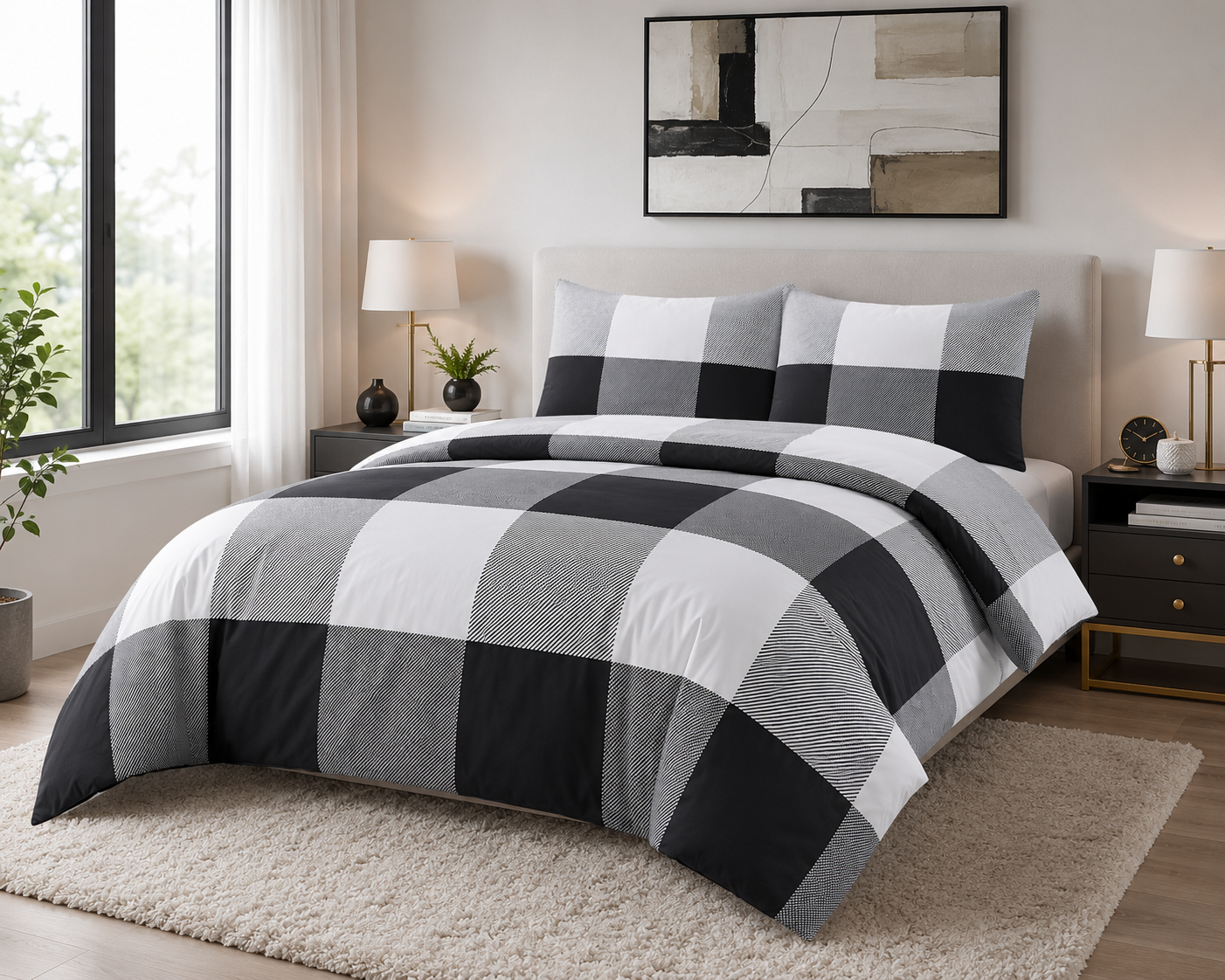 Larry Luxury Geometric Check Squares Reversible Duvet Cover Set – Modern Easy Care Bedding | Night Zone