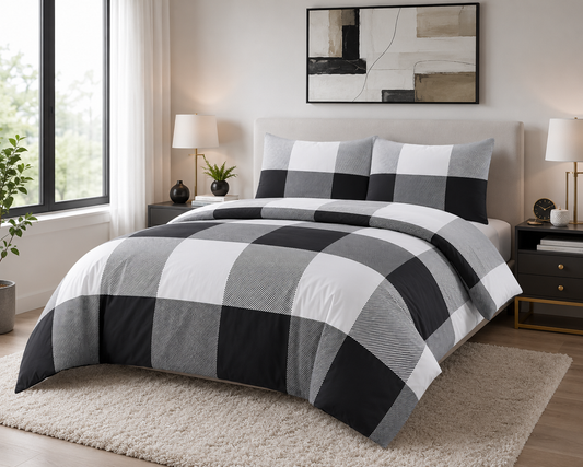 Larry Luxury Geometric Check Squares Reversible Duvet Cover Set – Modern Easy Care Bedding | Night Zone