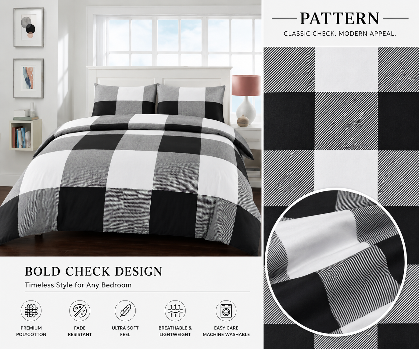 Larry Luxury Geometric Check Squares Reversible Duvet Cover Set – Modern Easy Care Bedding | Night Zone