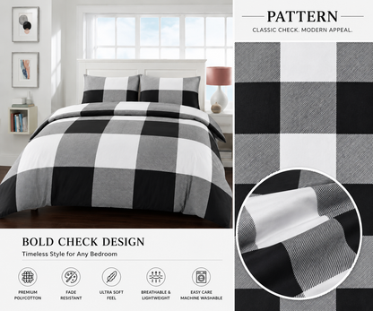 Larry Luxury Geometric Check Squares Reversible Duvet Cover Set – Modern Easy Care Bedding | Night Zone
