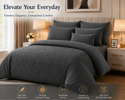 Damask Velvet Duvet Cover Set – Luxury Soft Touch Hotel Style Bedding | Night Zone