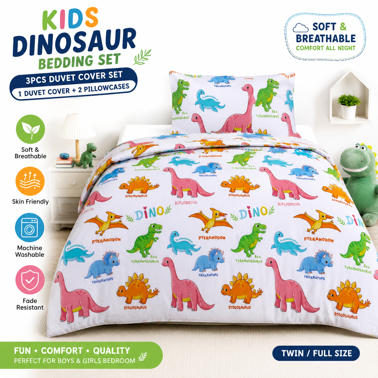 Baby Dinosaur Polycotton Duvet Cover Set – Kids Easy Care Dinosaur Bedding | Night Zone