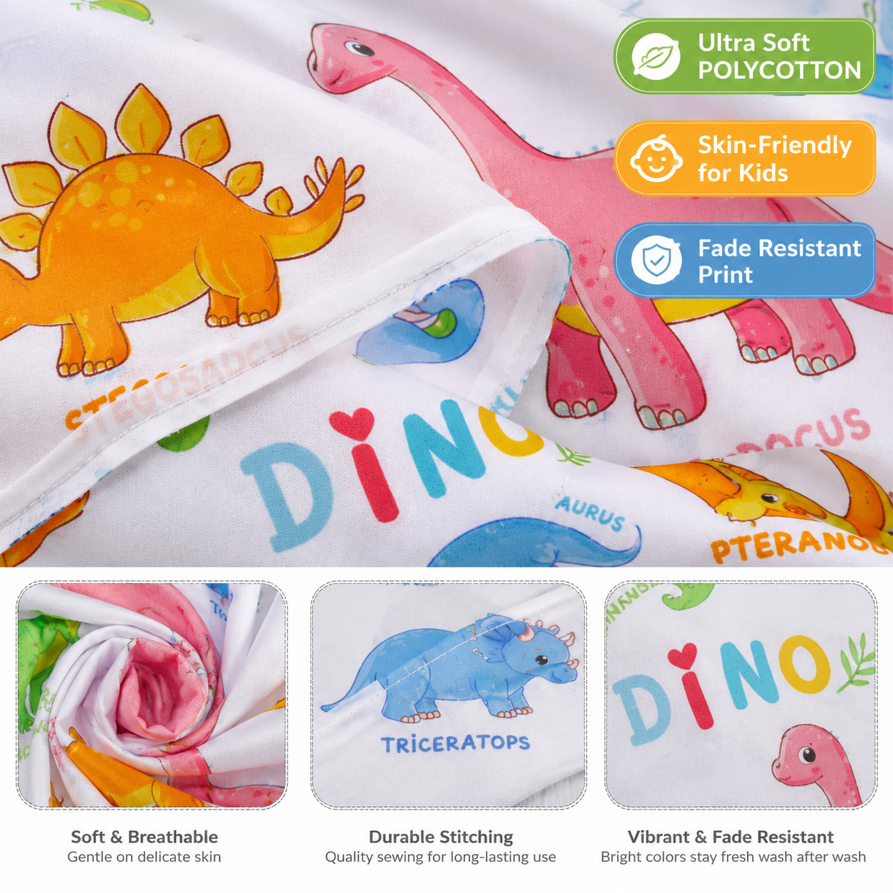 Baby Dinosaur Polycotton Duvet Cover Set – Kids Easy Care Dinosaur Bedding | Night Zone