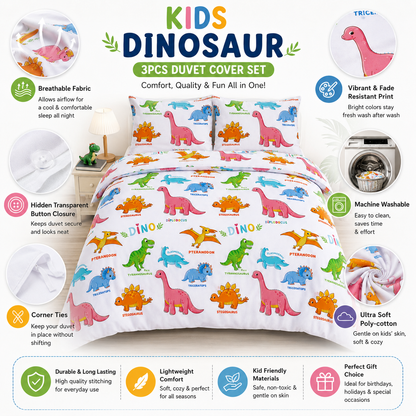 Baby Dinosaur Polycotton Duvet Cover Set – Kids Easy Care Dinosaur Bedding | Night Zone