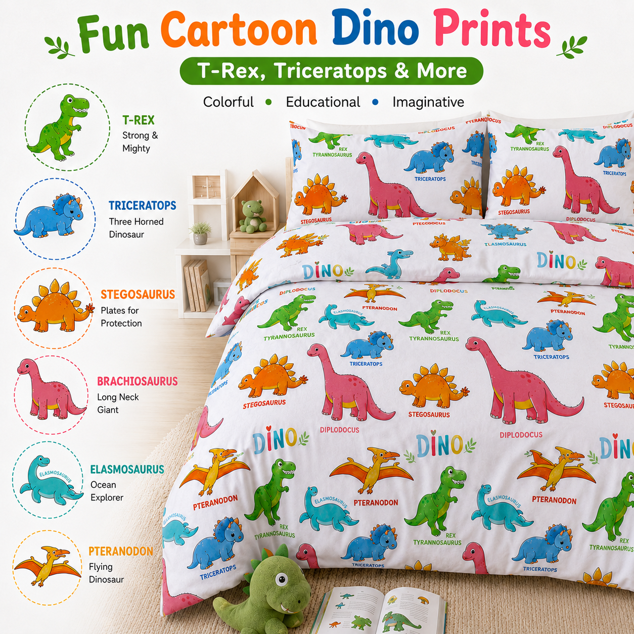 Baby Dinosaur Polycotton Duvet Cover Set – Kids Easy Care Dinosaur Bedding | Night Zone