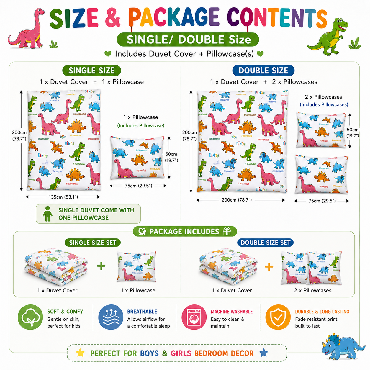 Baby Dinosaur Polycotton Duvet Cover Set – Kids Easy Care Dinosaur Bedding | Night Zone