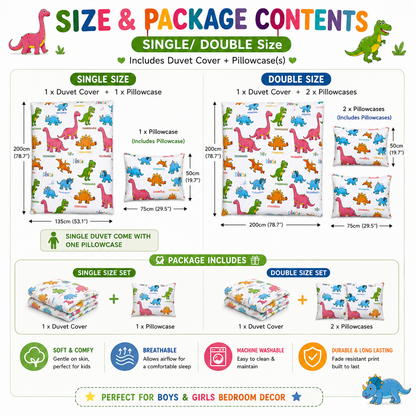 Baby Dinosaur Polycotton Duvet Cover Set – Kids Easy Care Dinosaur Bedding | Night Zone