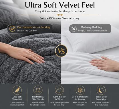Damask Velvet Duvet Cover Set – Luxury Soft Touch Hotel Style Bedding | Night Zone