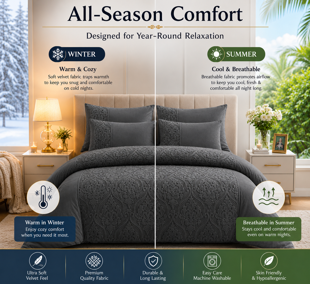 Damask Velvet Duvet Cover Set – Luxury Soft Touch Hotel Style Bedding | Night Zone