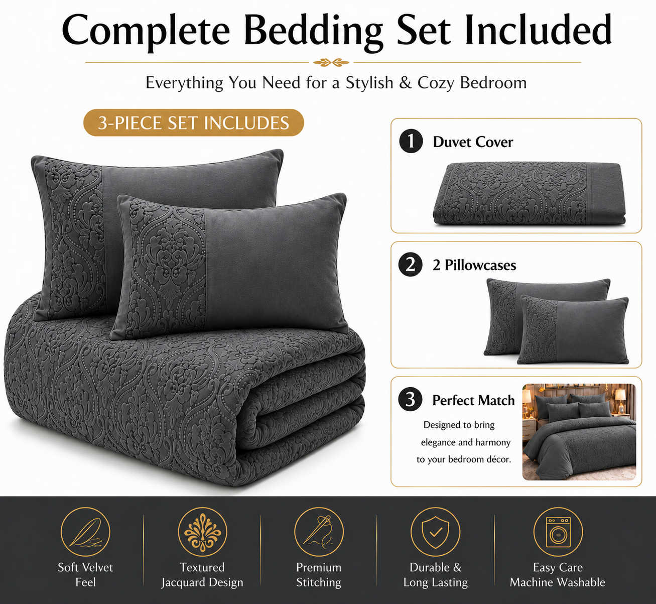 Damask Velvet Duvet Cover Set – Luxury Soft Touch Hotel Style Bedding | Night Zone