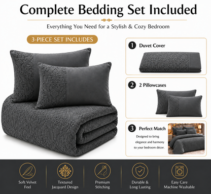 Damask Velvet Duvet Cover Set – Luxury Soft Touch Hotel Style Bedding | Night Zone