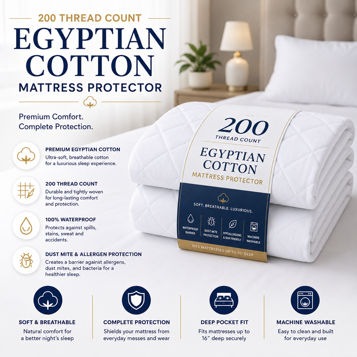 Mattress Protector 40cm Deep – 200 Thread Count Egyptian Cotton Quilted | Night Zone