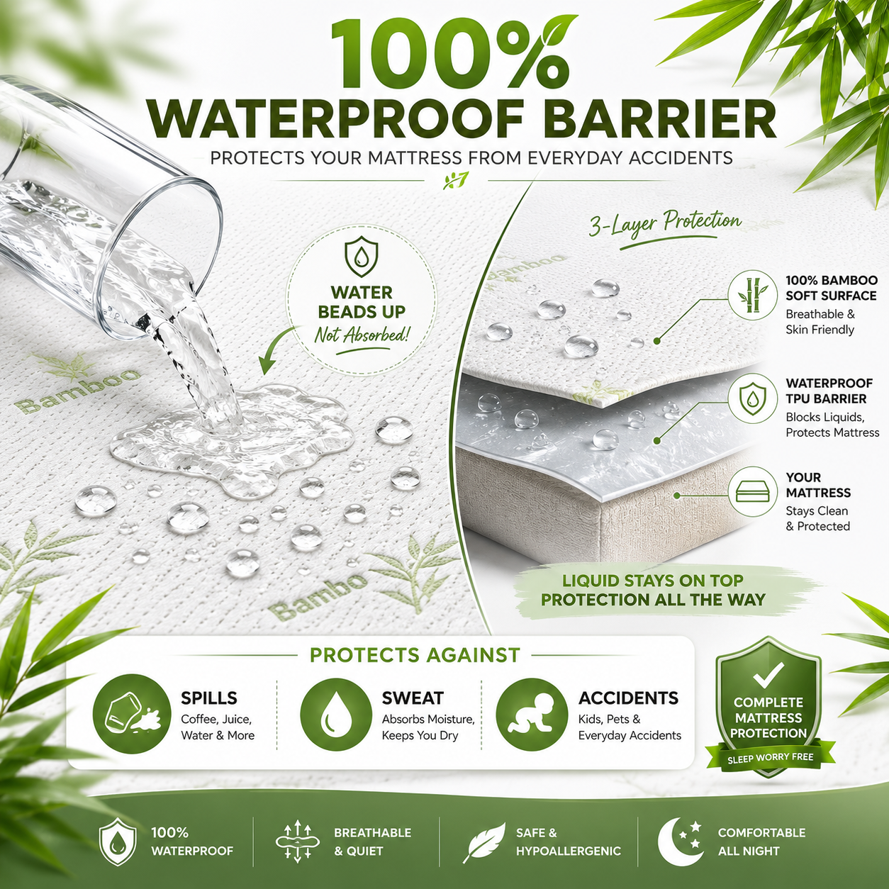 Bamboo Mattress Protector Waterproof 40cm Deep – Quilted Extra Deep Mattress Cover | Night Zone