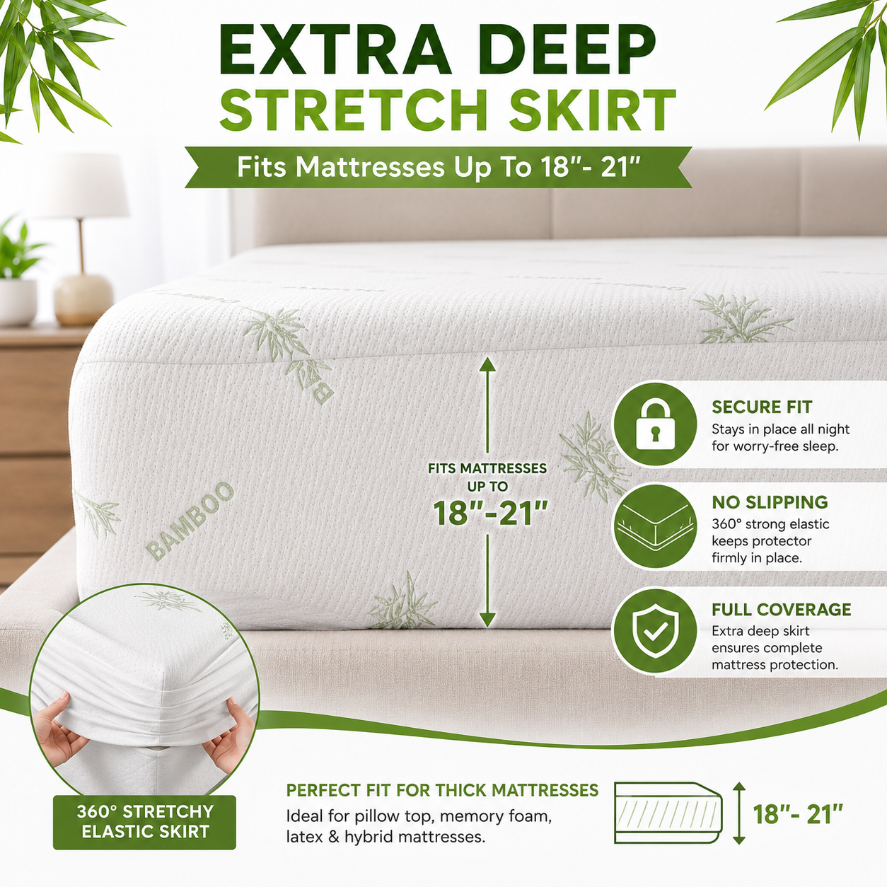 Bamboo Mattress Protector Waterproof 40cm Deep – Quilted Extra Deep Mattress Cover | Night Zone