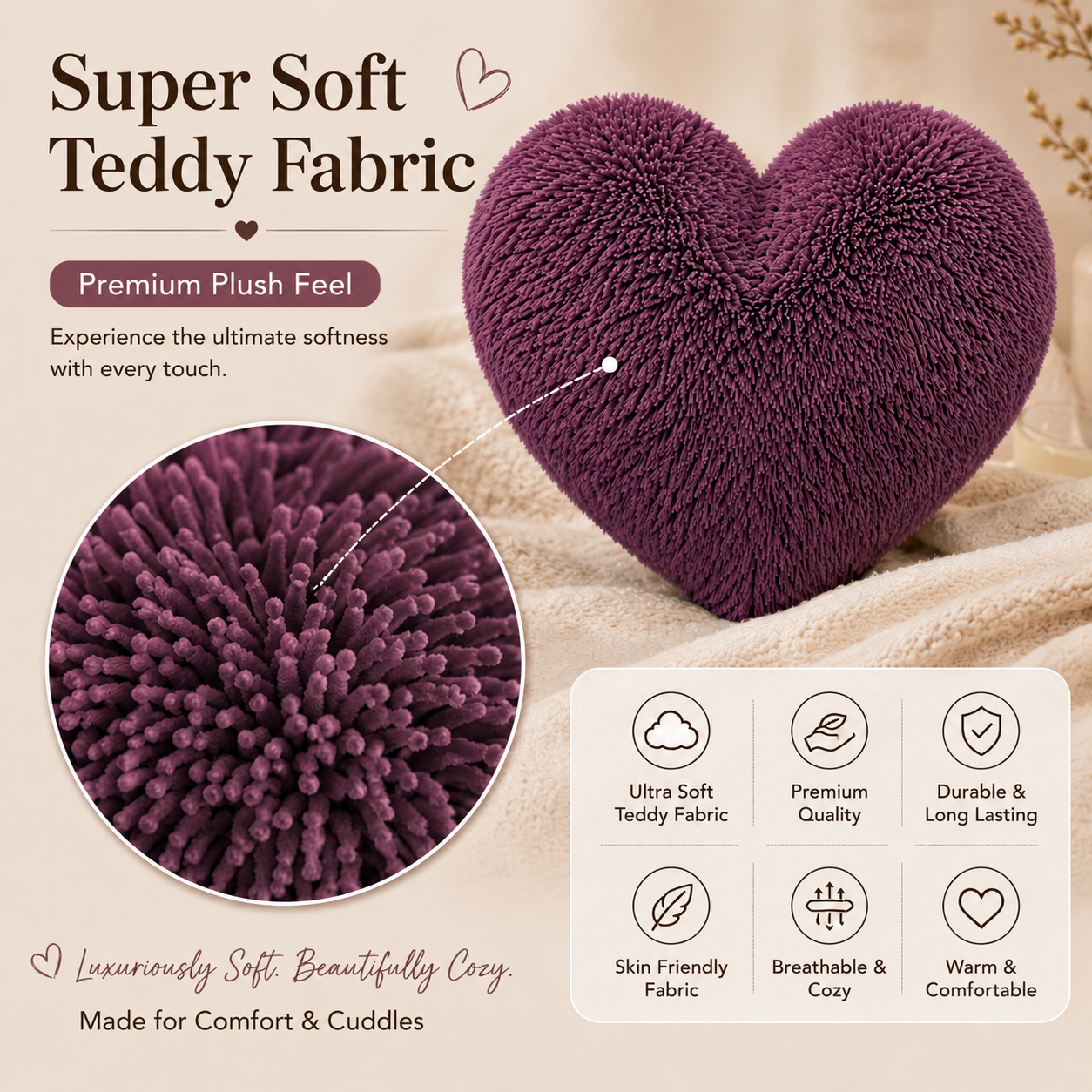 Teddy Cuddles Heart Shape Teddy Fleece Cushion – Soft Filled Decorative Cushion | Night Zone