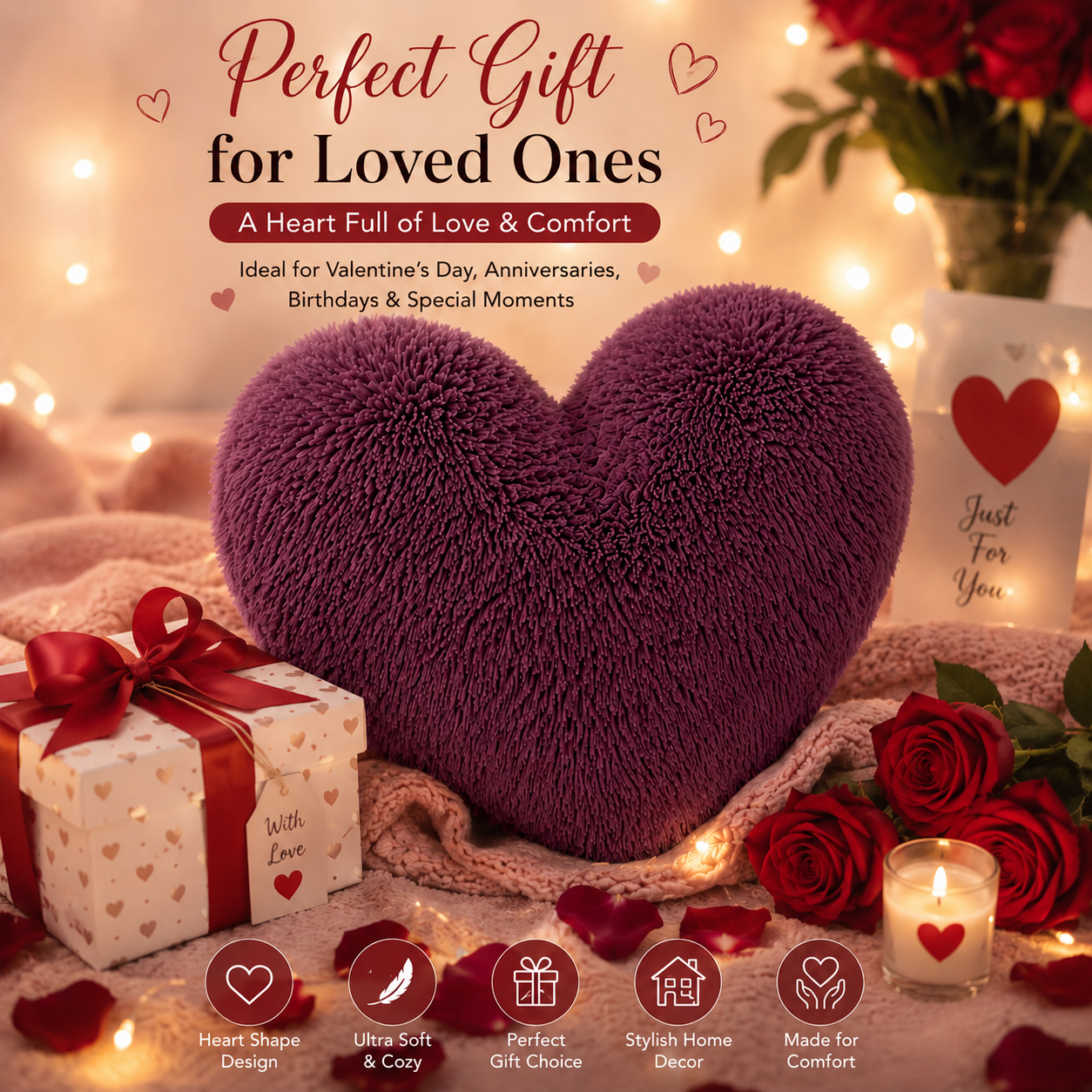 Teddy Cuddles Heart Shape Teddy Fleece Cushion – Soft Filled Decorative Cushion | Night Zone