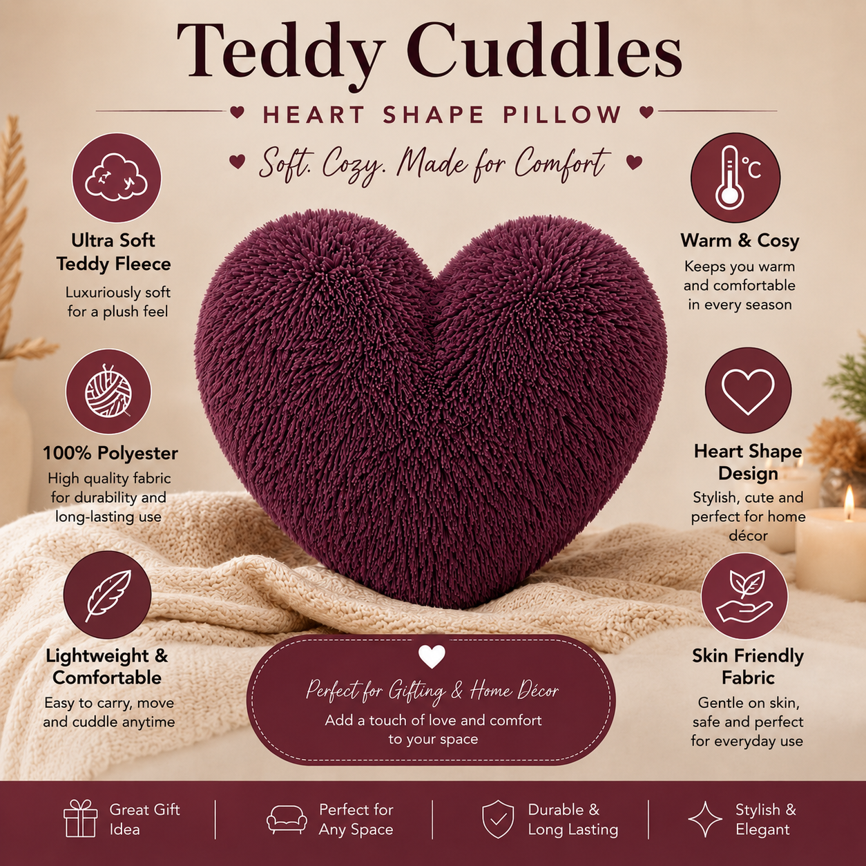 Teddy Cuddles Heart Shape Teddy Fleece Cushion – Soft Filled Decorative Cushion | Night Zone