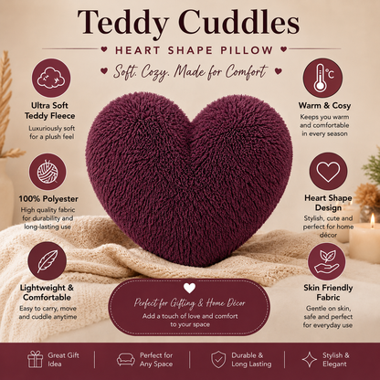 Teddy Cuddles Heart Shape Teddy Fleece Cushion – Soft Filled Decorative Cushion | Night Zone
