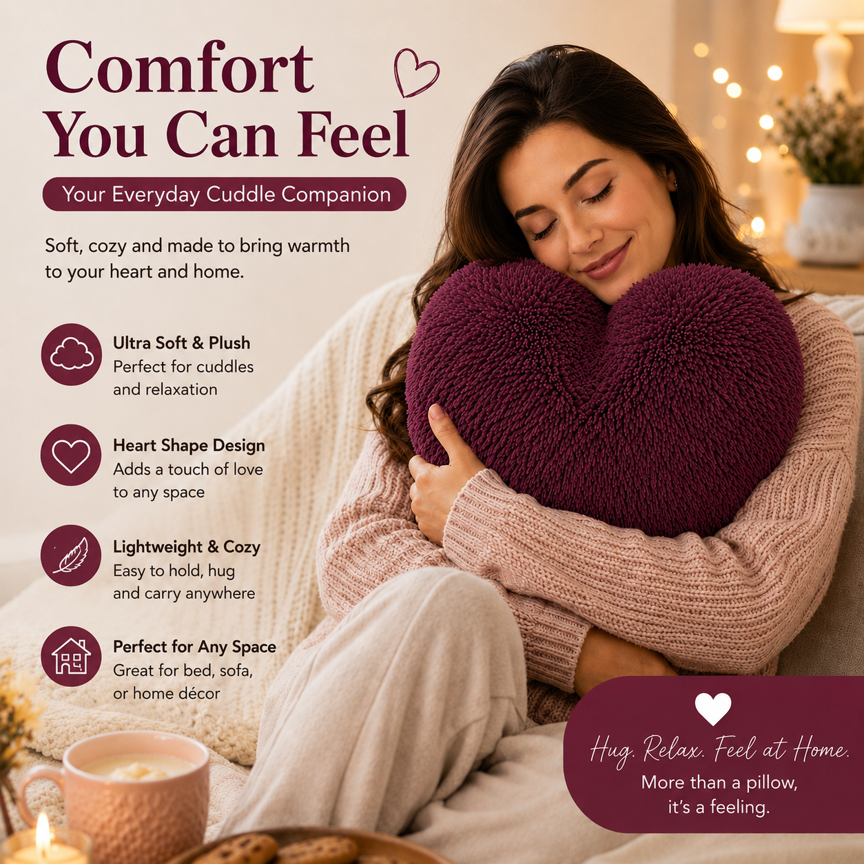 Teddy Cuddles Heart Shape Teddy Fleece Cushion – Soft Filled Decorative Cushion | Night Zone