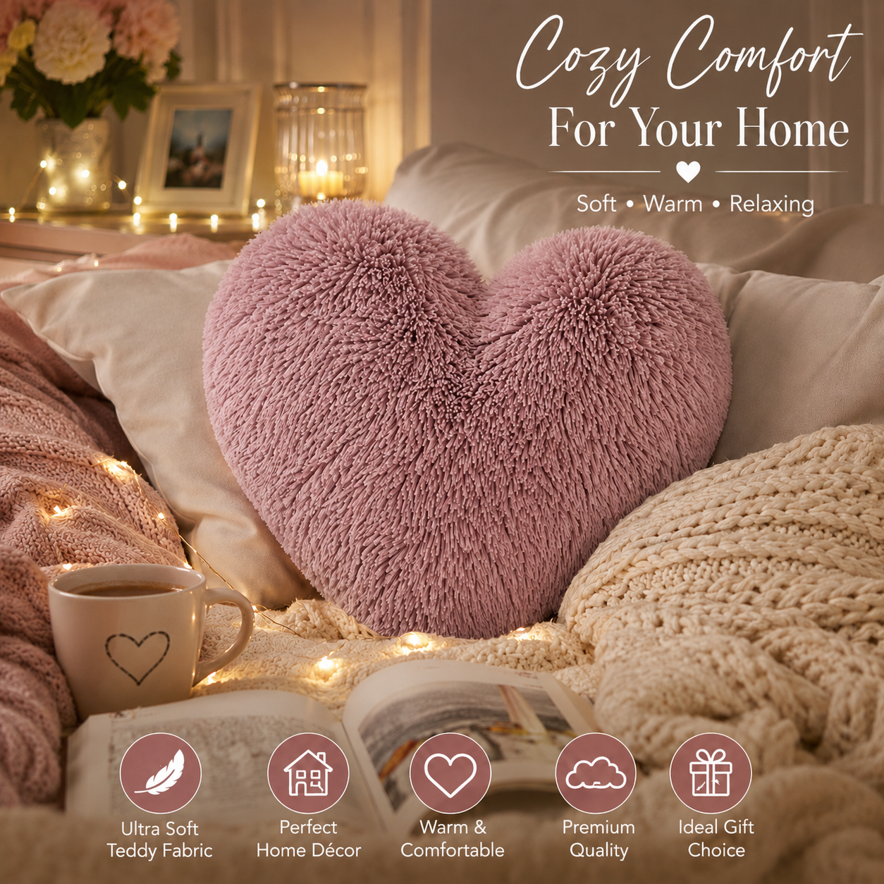 Teddy Cuddles Heart Shape Teddy Fleece Cushion – Soft Filled Decorative Cushion | Night Zone