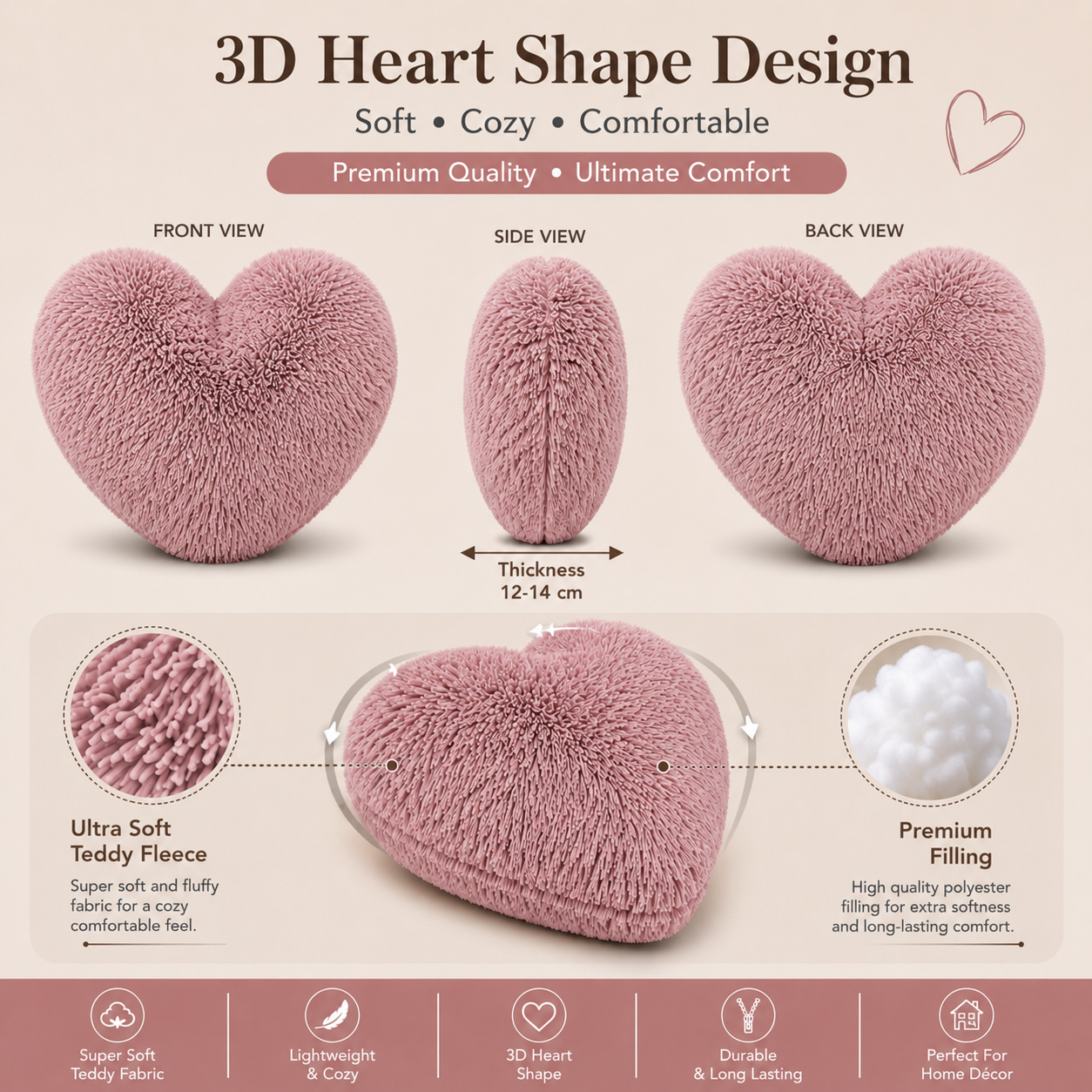 Teddy Cuddles Heart Shape Teddy Fleece Cushion – Soft Filled Decorative Cushion | Night Zone