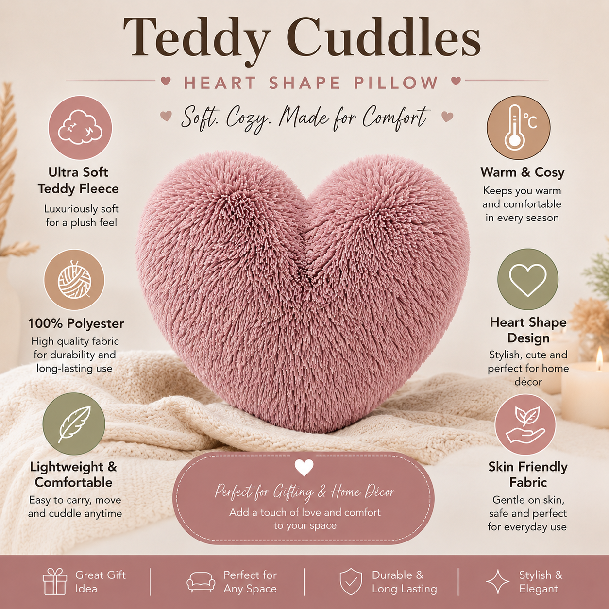 Teddy Cuddles Heart Shape Teddy Fleece Cushion – Soft Filled Decorative Cushion | Night Zone