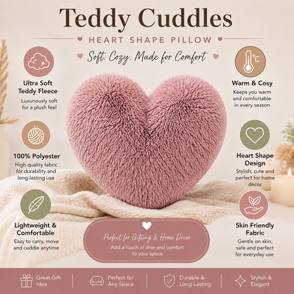 Teddy Cuddles Heart Shape Teddy Fleece Cushion – Soft Filled Decorative Cushion | Night Zone