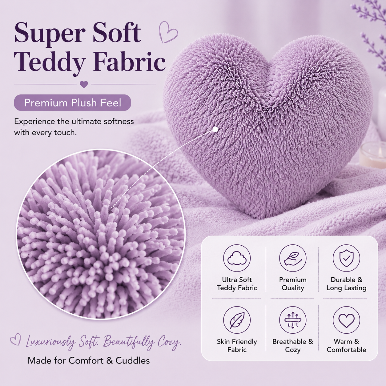 Teddy Cuddles Heart Shape Teddy Fleece Cushion – Soft Filled Decorative Cushion | Night Zone
