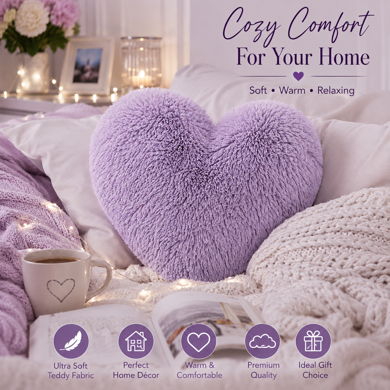 Teddy Cuddles Heart Shape Teddy Fleece Cushion – Soft Filled Decorative Cushion | Night Zone