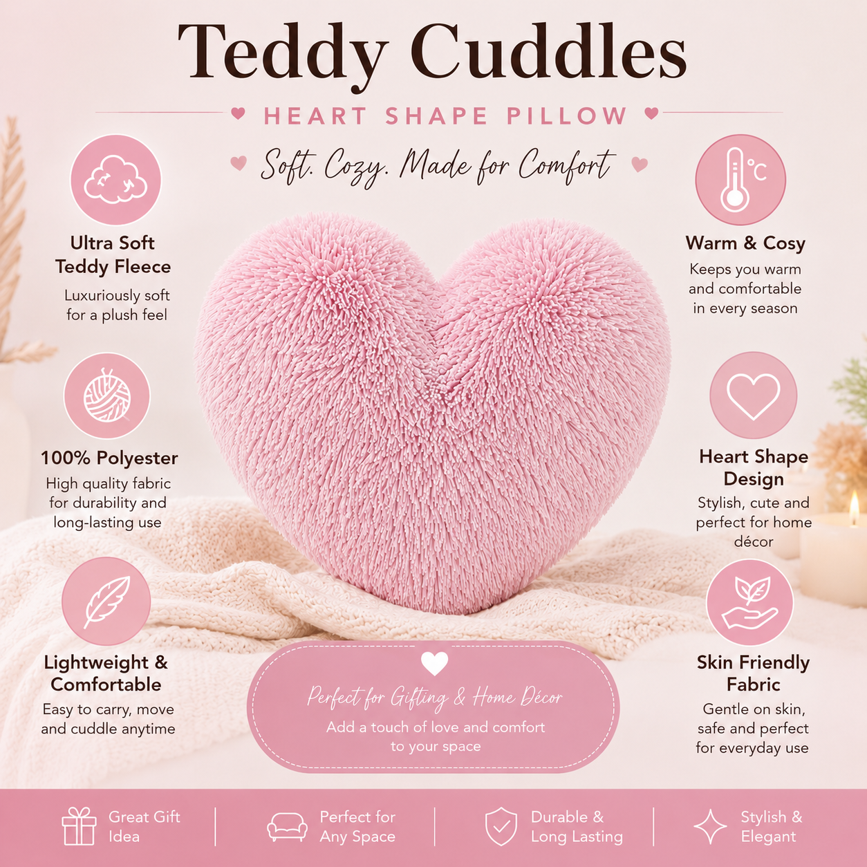 Teddy Cuddles Heart Shape Teddy Fleece Cushion – Soft Filled Decorative Cushion | Night Zone