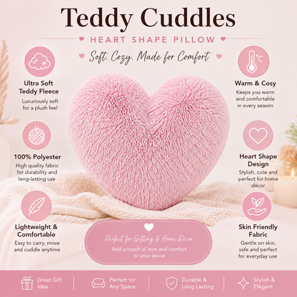 Teddy Cuddles Heart Shape Teddy Fleece Cushion – Soft Filled Decorative Cushion | Night Zone