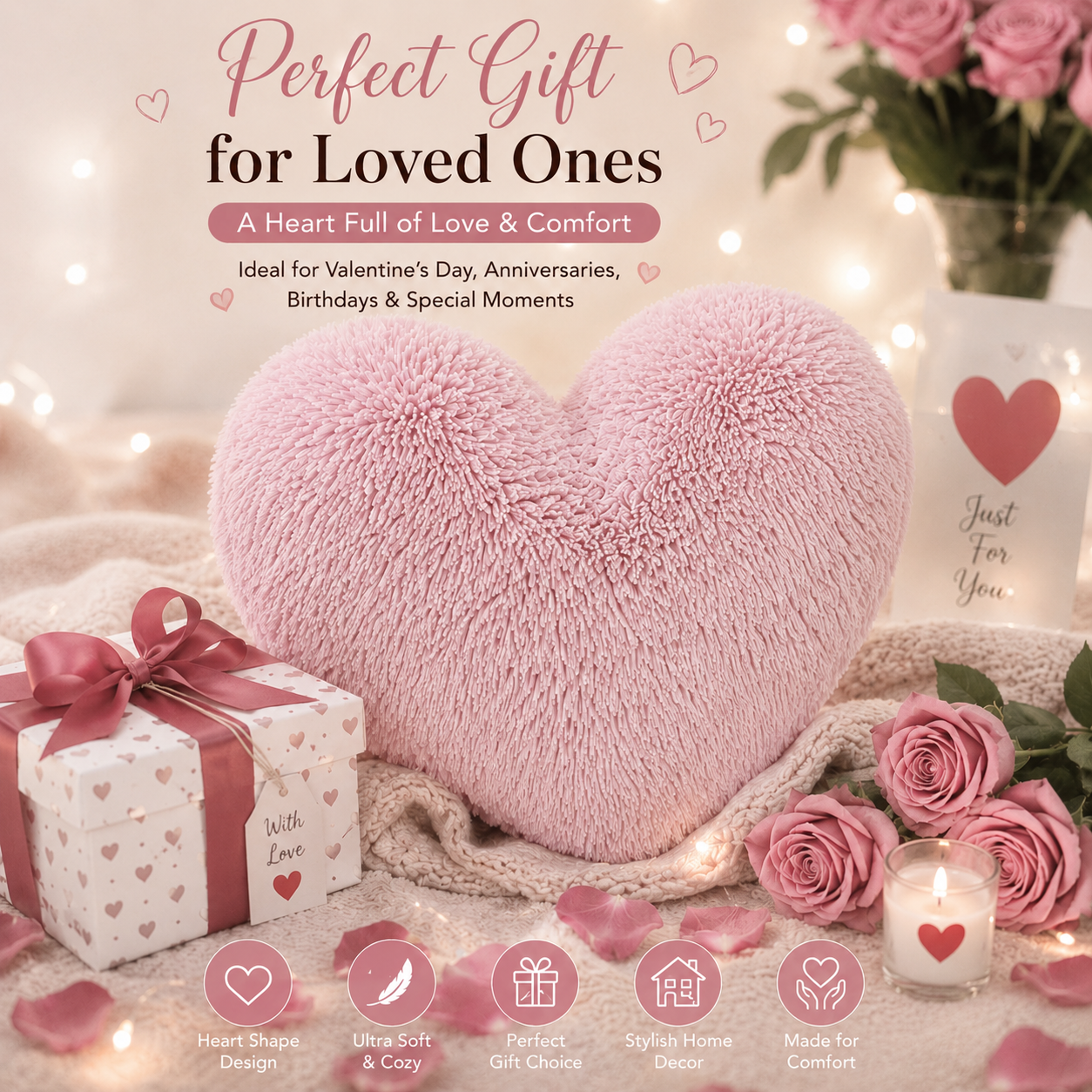 Teddy Cuddles Heart Shape Teddy Fleece Cushion – Soft Filled Decorative Cushion | Night Zone