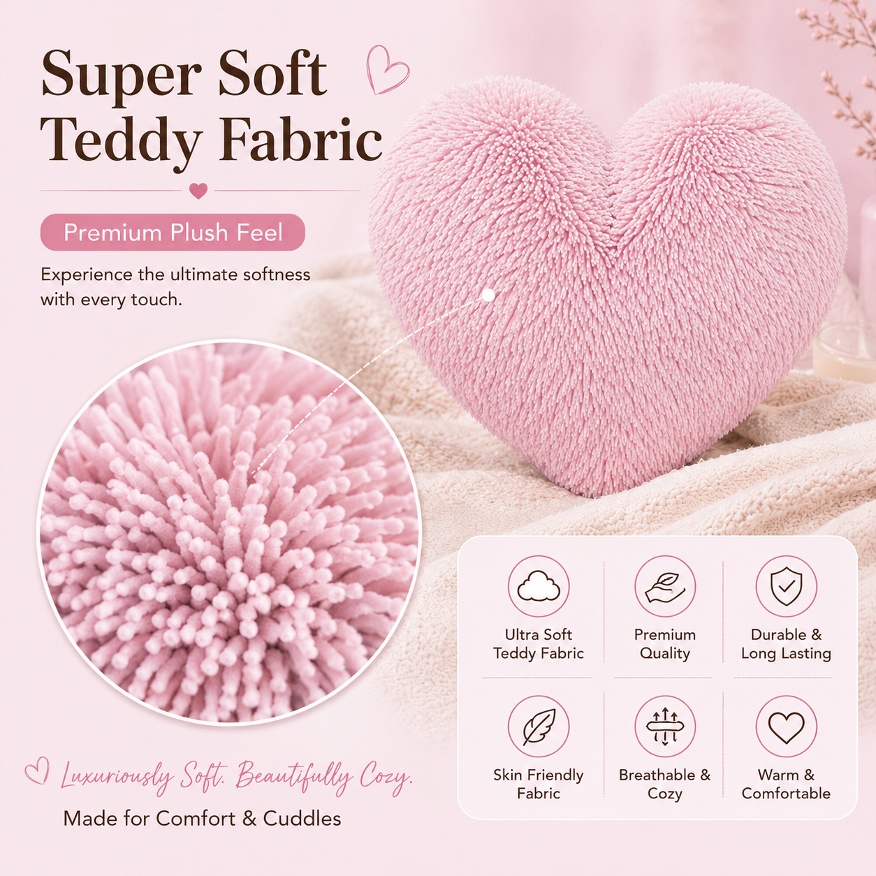 Teddy Cuddles Heart Shape Teddy Fleece Cushion – Soft Filled Decorative Cushion | Night Zone
