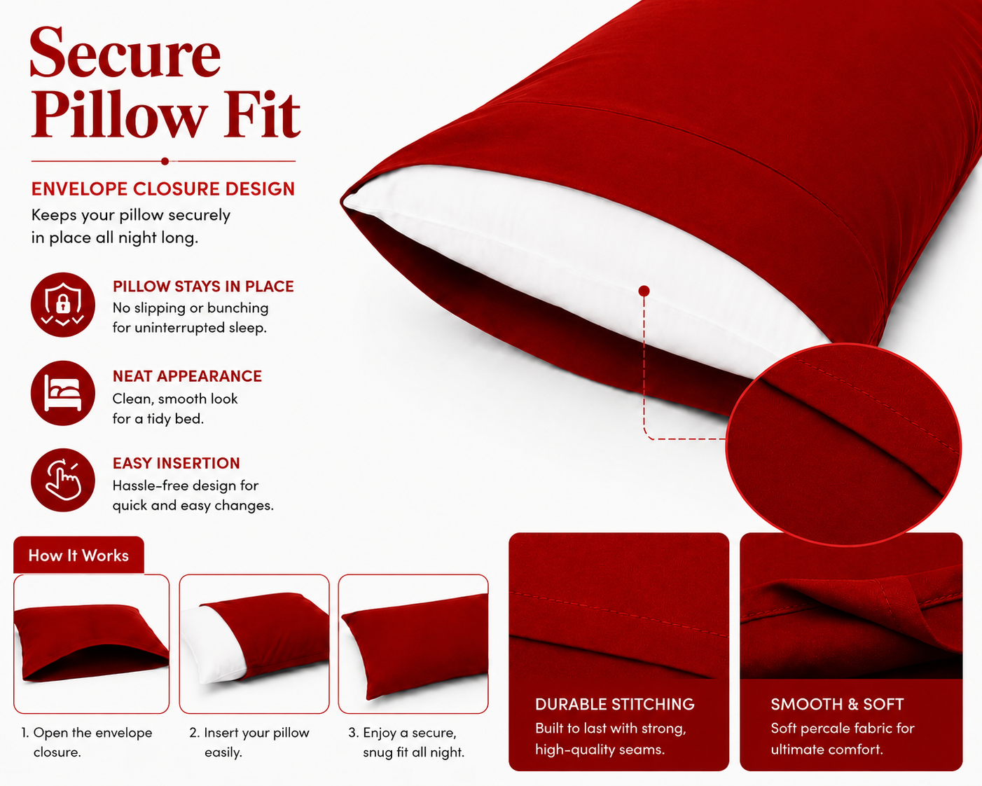 180 Thread Count Percale Pillow Cases Pair – Luxury Easy Care Bedding | Night Zone