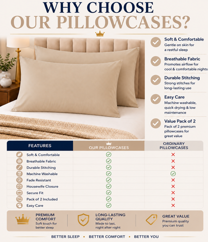 Housewife Polycotton Pillowcases Pair – Luxury Plain Dyed Easy Care Bedding | Night Zone