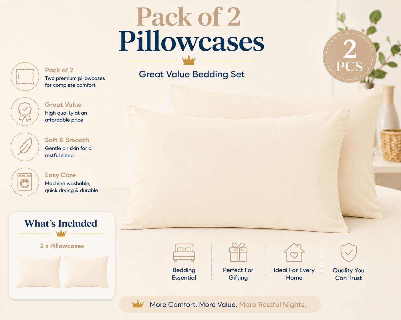 Housewife Polycotton Pillowcases Pair – Luxury Plain Dyed Easy Care Bedding | Night Zone