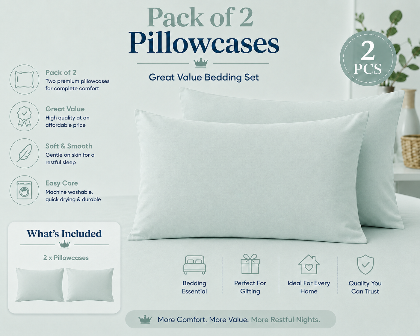 Housewife Polycotton Pillowcases Pair – Luxury Plain Dyed Easy Care Bedding | Night Zone