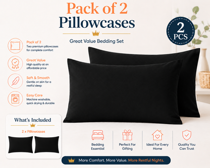 Housewife Polycotton Pillowcases Pair – Luxury Plain Dyed Easy Care Bedding | Night Zone