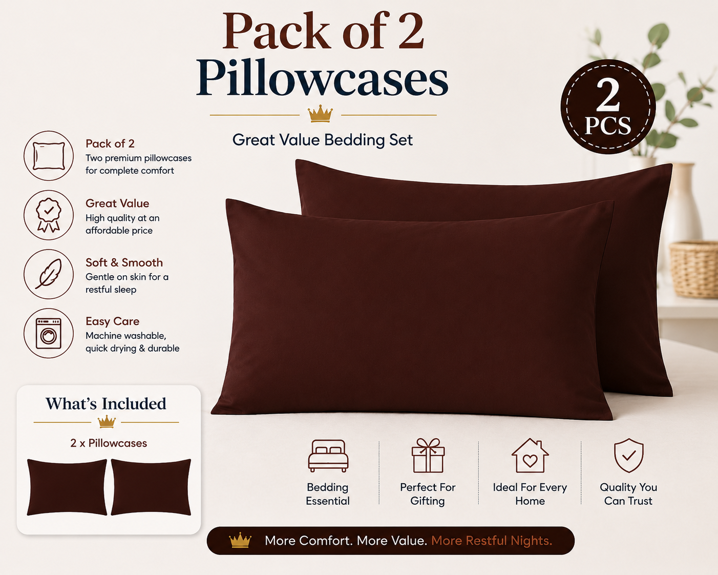 Housewife Polycotton Pillowcases Pair – Luxury Plain Dyed Easy Care Bedding | Night Zone