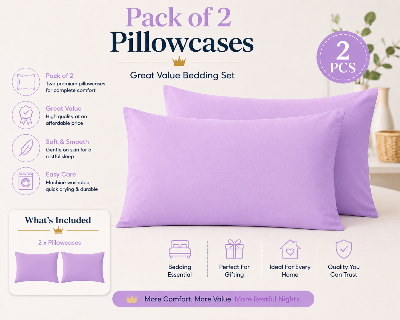 Housewife Polycotton Pillowcases Pair – Luxury Plain Dyed Easy Care Bedding | Night Zone