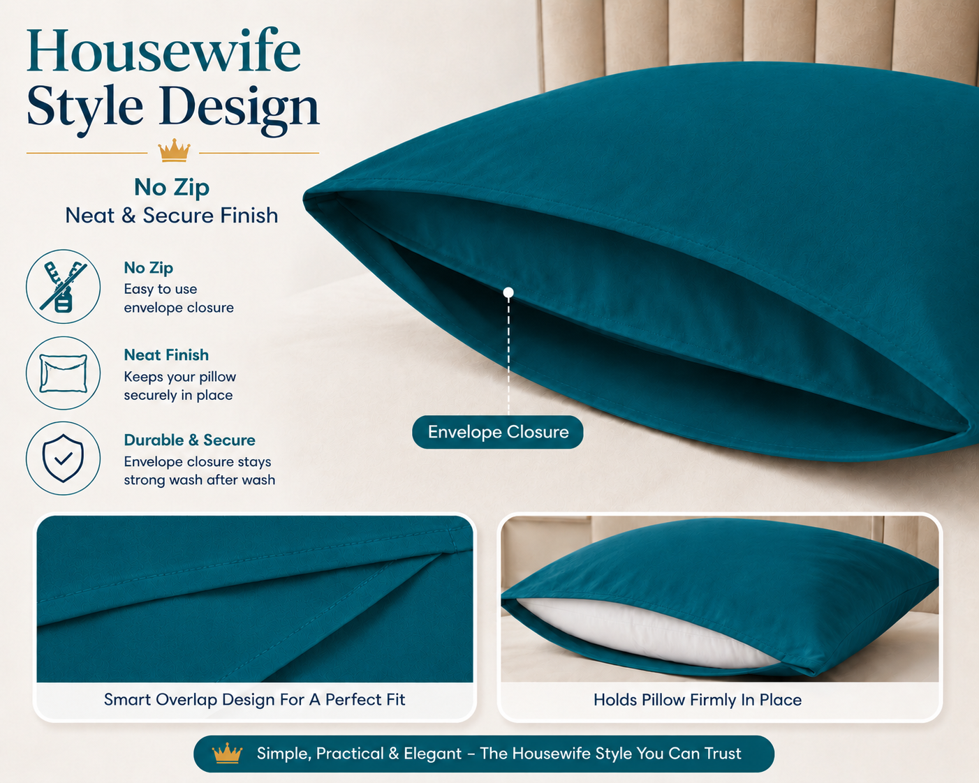 Housewife Polycotton Pillowcases Pair – Luxury Plain Dyed Easy Care Bedding | Night Zone