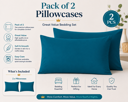 Housewife Polycotton Pillowcases Pair – Luxury Plain Dyed Easy Care Bedding | Night Zone