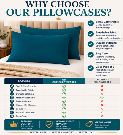 Housewife Polycotton Pillowcases Pair – Luxury Plain Dyed Easy Care Bedding | Night Zone