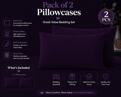 Housewife Polycotton Pillowcases Pair – Luxury Plain Dyed Easy Care Bedding | Night Zone
