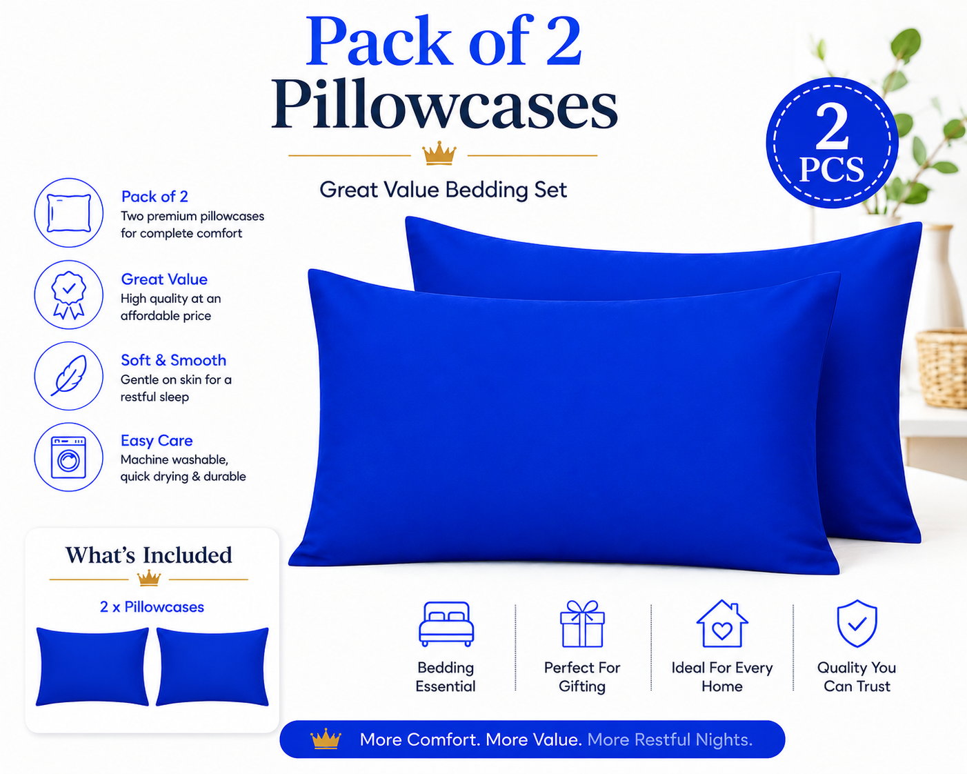 Housewife Polycotton Pillowcases Pair – Luxury Plain Dyed Easy Care Bedding | Night Zone