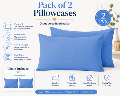 Housewife Polycotton Pillowcases Pair – Luxury Plain Dyed Easy Care Bedding | Night Zone