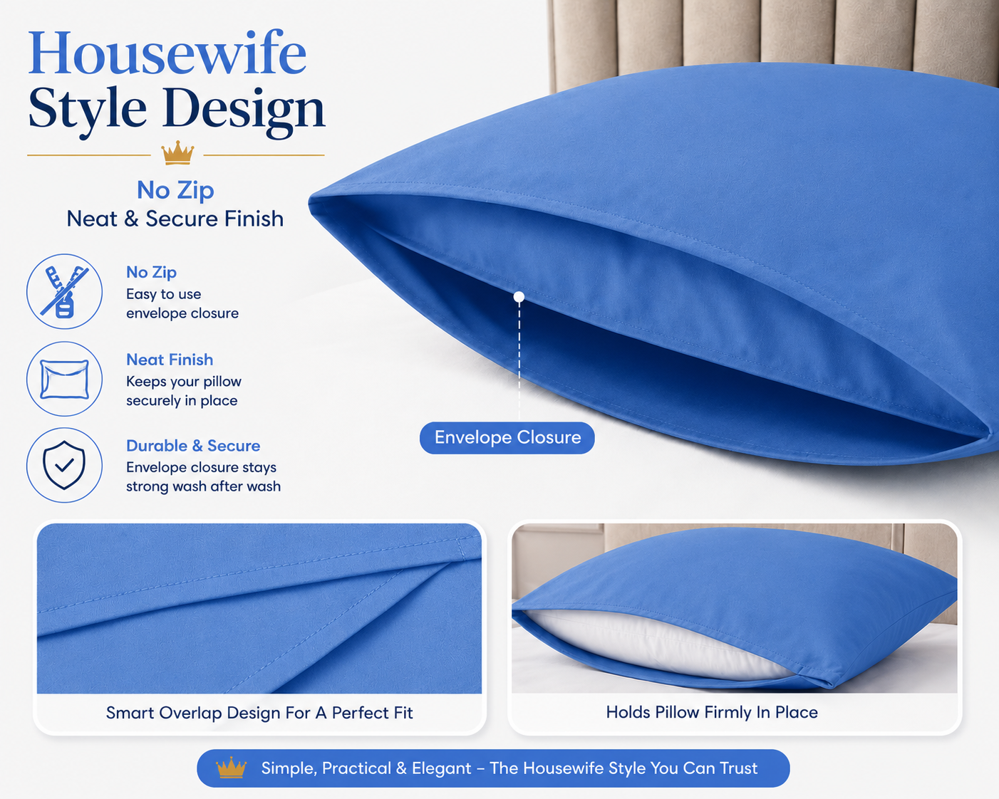 Housewife Polycotton Pillowcases Pair – Luxury Plain Dyed Easy Care Bedding | Night Zone