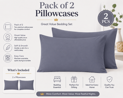 Housewife Polycotton Pillowcases Pair – Luxury Plain Dyed Easy Care Bedding | Night Zone